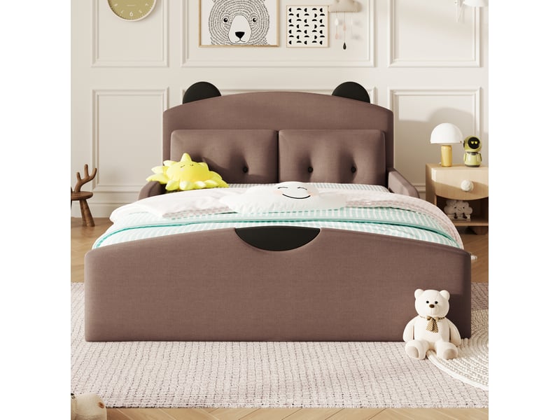  Lit plateforme 140 × 200 cm avec tête de lit ours rembourrée, 2 coussins, en lin marron pour chambre 210 × 146 × 87 cm  - Conforama D