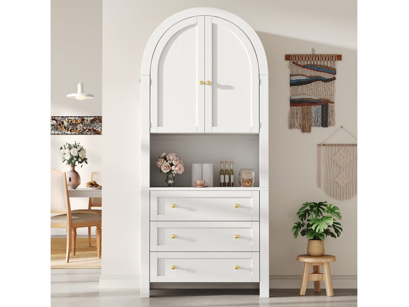  Armoire haute courbée 70x35x180 cm, design élégant avec 3 tiroirs et portes arrondies, mdf, anti-basculement, blanc  - Conforama D