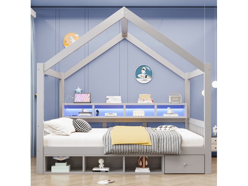 Lit 140x200 cm avec cadre en toit, rangements, éclairage et prises, bois et mdf couleur gris sans matelas - Conforama B