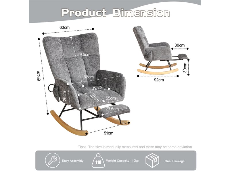 Fauteuil à bascule - 63 x 92 x 89 cm - fauteuil relax glider en chenille avec soutien lombaire gonflable - gris - Conforama E