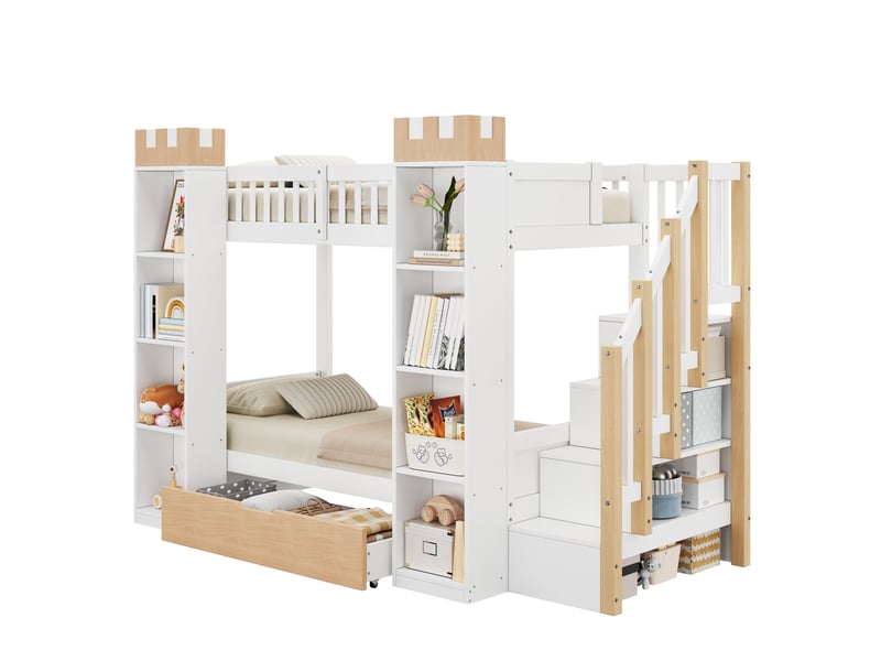  Lit superposé enfant château 2x90x200 cm blanc et bois avec rangement  - Conforama A