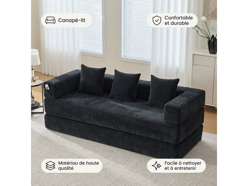  Canapé modulaire en chenille, 2 places en mousse, convertible en lit, noir  - Conforama E