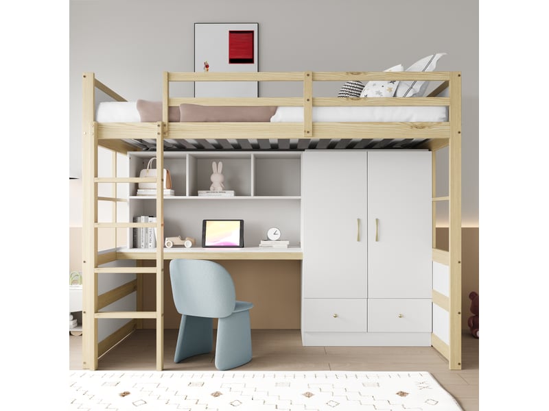 Lit mezzanine enfant 90x200 cm blanc et bois naturel avec bureau - Conforama D