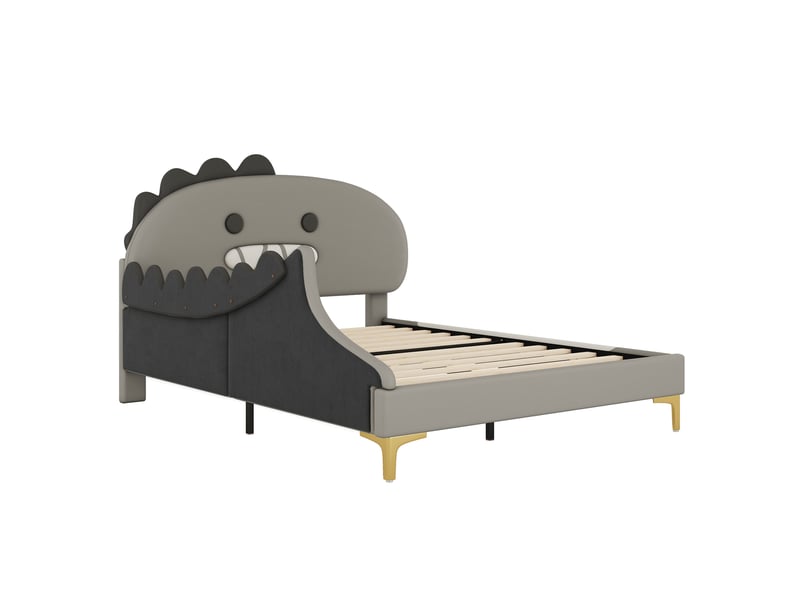  Lit enfant dinosaure gris 140x200 cm au sol en similicuir pu rembourré  - Conforama D