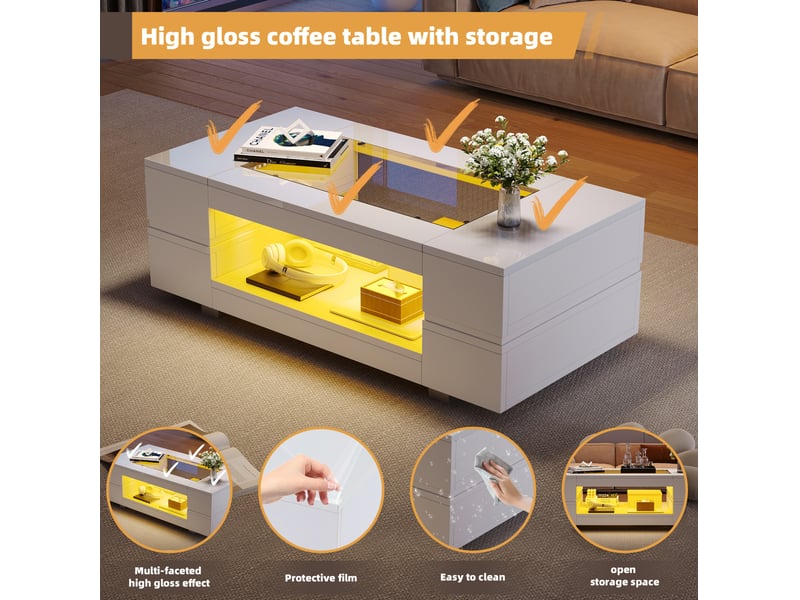  Table basse led avec 2 niveaux de rangement, plateau en verre et surface brillante pour salon, 100 × 50 × 35 cm  - Conforama E