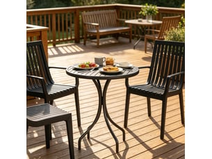 Table de jardin ronde 66 cm noire en acier galvanisé, plateau rainuré et pieds protecteurs pour extérieur