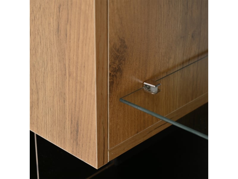 Meuble TV à 3 niveaux 160 cm, avec cloisons en verre et 2 tiroirs de rangement pour téléviseurs jusqu'à 70 pouces, bois foncé - Conforama E
