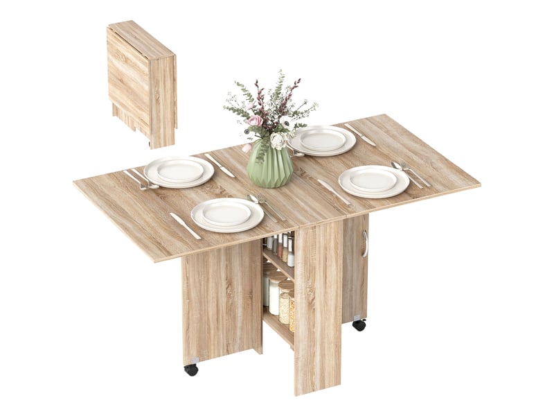  Table pliante en bois naturel avec 2 abattants, 2 étagères et roulettes, idéale pour la cuisine ou la salle à manger. Dimensions : 75 x 140 x 74 cm.  - Conforama A