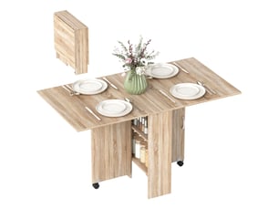 Table pliante en bois naturel avec 2 abattants, 2 étagères et roulettes, idéale pour la cuisine ou la salle à manger. Dimensions : 75 x 140 x 74 cm.