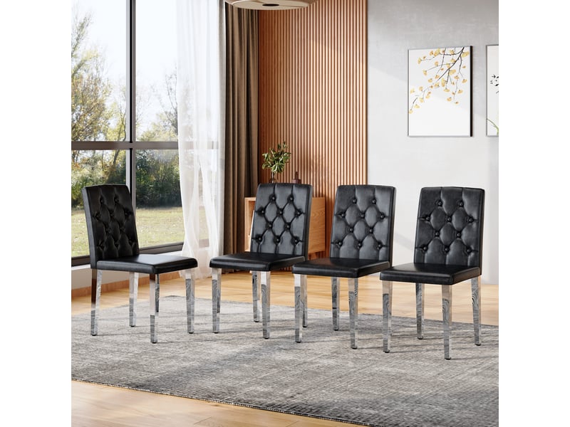  Lot de 4 chaises de salle à manger en simili cuir noir avec pieds en métal argenté brillant, dossier capitonné  - Conforama B