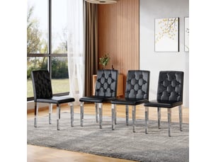 Lot de 4 chaises de salle à manger en simili cuir noir avec pieds en métal argenté brillant, dossier capitonné