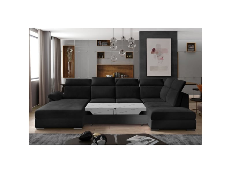  Canapé panoramique convertible majesta 5 places noir – angle droit avec coffre  - Conforama D