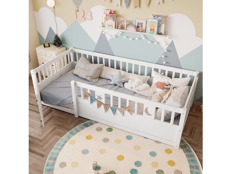  Lit enfant à barrières 90x190 cm en pin blanc avec décor étoiles et lune  - Conforama B