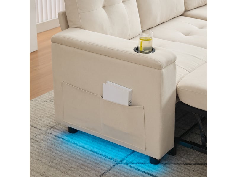  Canapé d'angle convertible 3 places beige en tissu avec coffre de rangement intégré et pieds en bois massif  - Conforama E