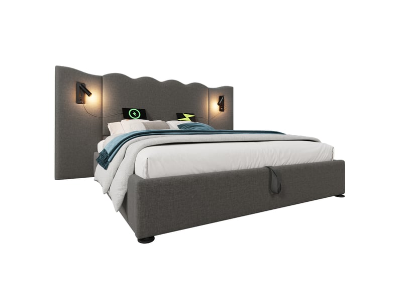 Lit coffre 160 × 200 cm 2 places avec lampe de lecture, usb et type-c, matelas inclus, en lin gris - Conforama A
