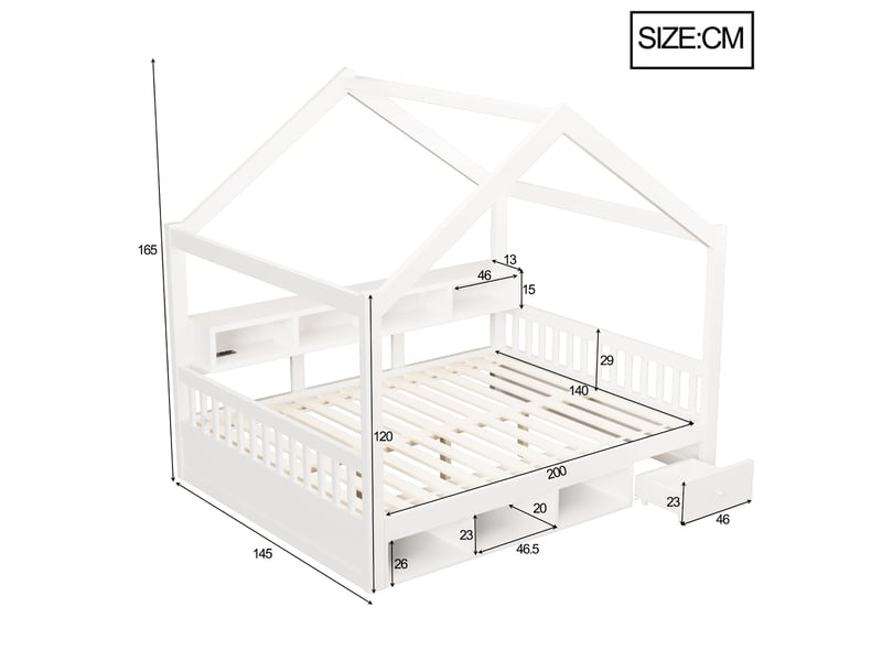  Lit cabane enfant 140x200 cm avec rangements, led et prises, blanc, sans matelas  - Conforama C