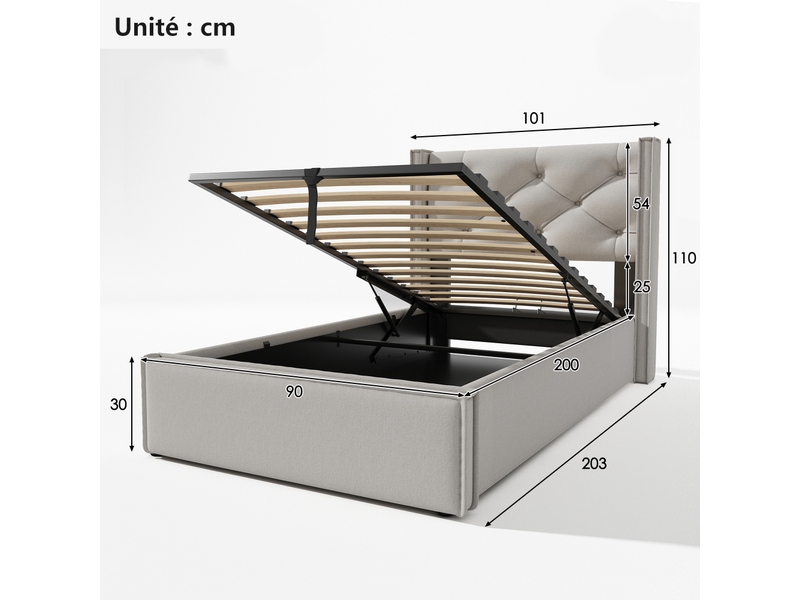 Lit coffre 90x200 cm – lit simple avec tête de lit capitonnée et sommier en métal, sans matelas, gris clair - Conforama C