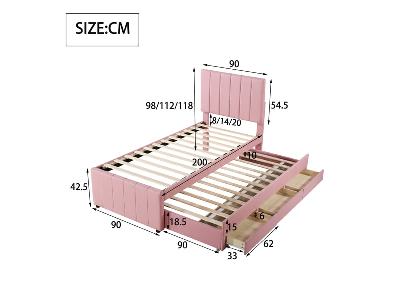  Lit d'appoint 90 x 200 cm, couchage escamotable et trois tiroirs, revêtement lin agréable, coloris rose, sans matelas  - Conforama B