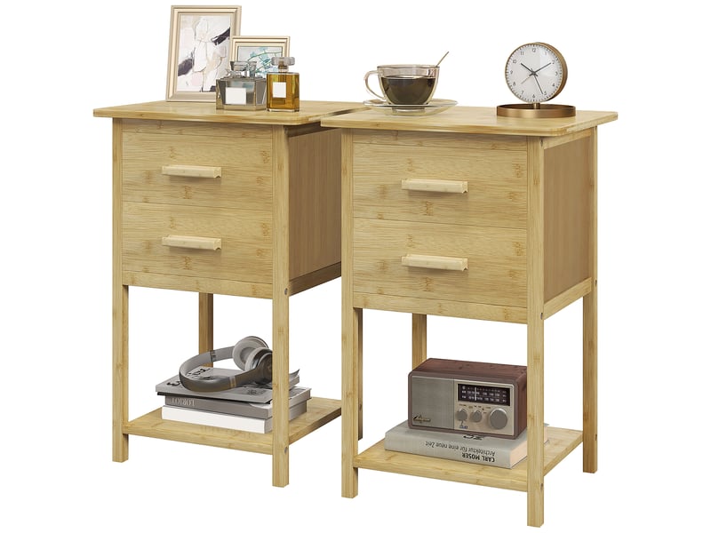  Lot de 2 tables de chevet en bambou 2 tiroirs et 1 étagère naturel 40 x 34 x 60 cm  - Conforama B