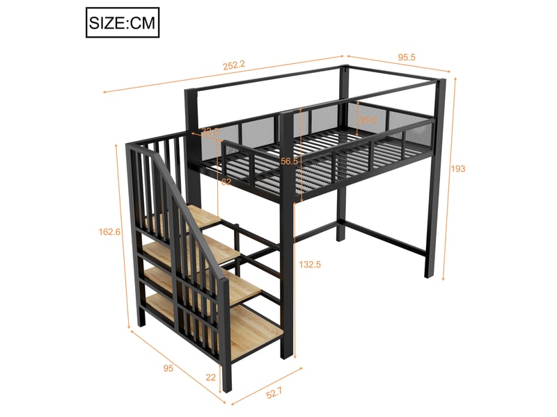  Lit mezzanine 1 place 90 x 200 cm en métal noir avec baldaquin, escalier sécurisé à rangements, garde-corps en maille et espace libre sous le lit  - Conforama E