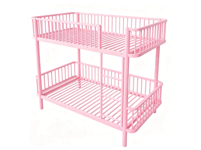 Lit superposé métallique 90 x 200 cm gain de place - rose, coins arrondis et barrières - Conforama R