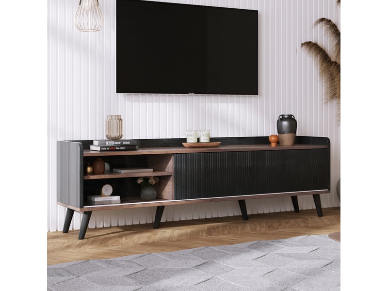  Meuble télévision bas 160x40x58 cm 2 portes coulissantes, 2 tiroirs, pieds bois, panneau particules e1, noir et bois  - Conforama W