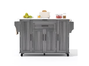 Desserte de cuisine 136 x 70 x 92 cm, grise en mdf, plateau extensible avec rangement sur roulettes