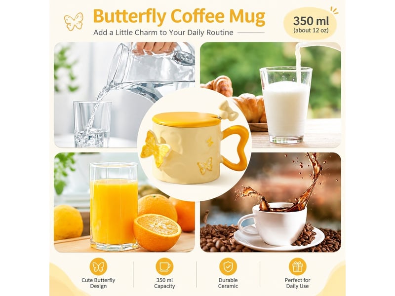  Mug en céramique, motif papillon, jaune, 350 ml  - Conforama D