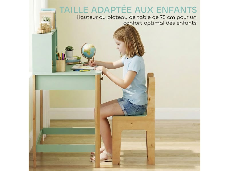Bureau enfant en bois, bureau avec rangement, 2 tiroirs et 3 compartiments ouverts, plateau large, vert, 90x52x105cm - Conforama R