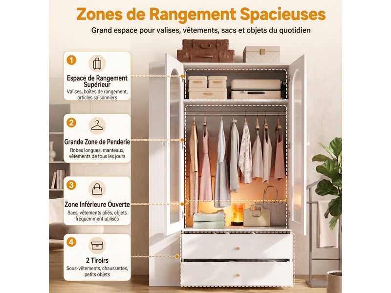  Armoire penderie grise 160 x 50 x 200 cm avec 2 tringles et 14 rangements  - Conforama E