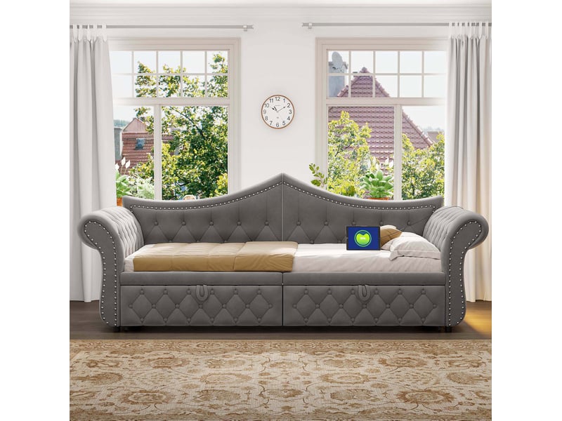 Lit gigogne 3-en-1 90x200 cm en velours gris avec usb et led, sans matelas - Conforama W