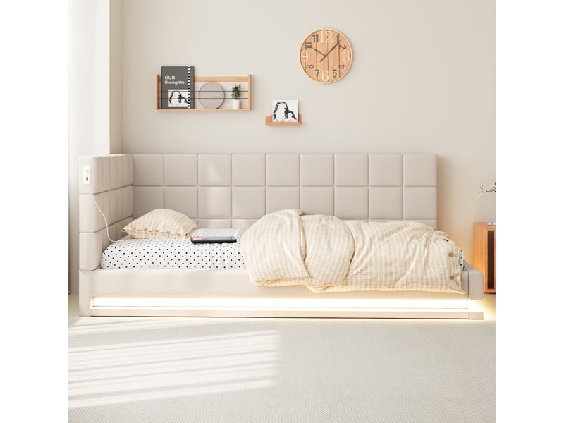  Modenvie banquette-lit 90x200 cm - avec led et port usb, sommier inclus, sans matelas - beige  - Conforama B