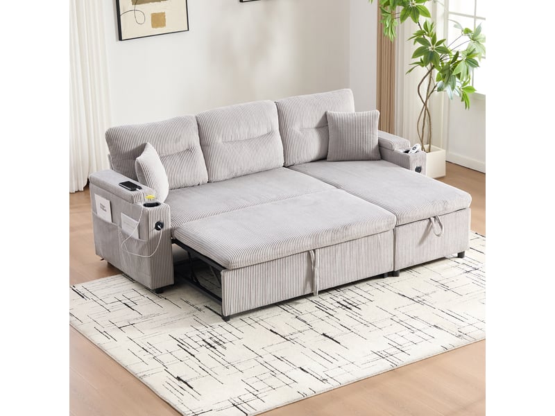  Canapé convertible moderne 3 places avec rangement hydraulique et port usb-c, velours côtelé, 212,5 x 136 x 86 cm - gris clair  - Conforama D