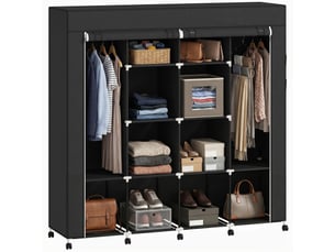Armoire en tissu, unité de rangement mobile à 10 roulettes, 10 compartiments, penderie, noire