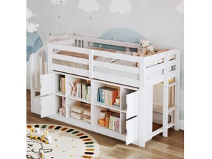 Lit mezzanine 90 × 200 cm avec bibliothèque, placards, escalier de rangement et éclairage led pour chambre, blanc