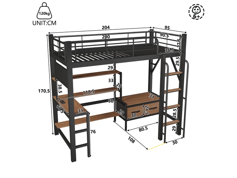 Lit mezzanine, 90 x 200 cm, structure en fer, panneau perforé, plusieurs étagères, tiroirs en tissu, bureau, avec port usb, barrière de sécurité, tringle à vêtements, avec éclairage led, sans matelas, noir - Conforama C