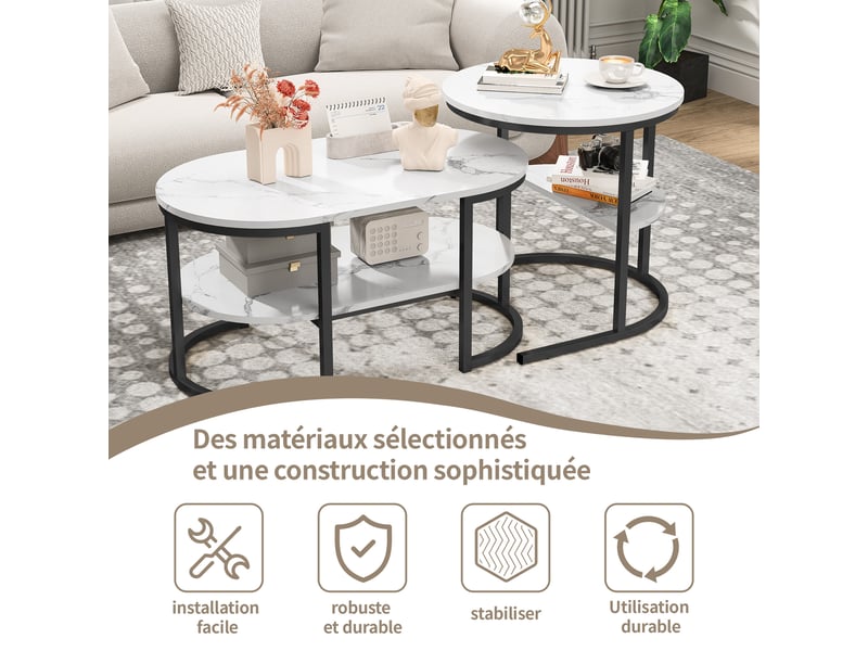  Table basse ronde gigogne 2 niveaux avec rangement, pour salon, plateau effet marbre en mdf, structure en métal noir  - Conforama R