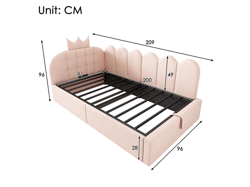  Lit simple rembourré 90 x 200 cm, canapé-lit avec hydraulique rangement, lit enfant avec couronne, sommier à lattes, velours rose  - Conforama D