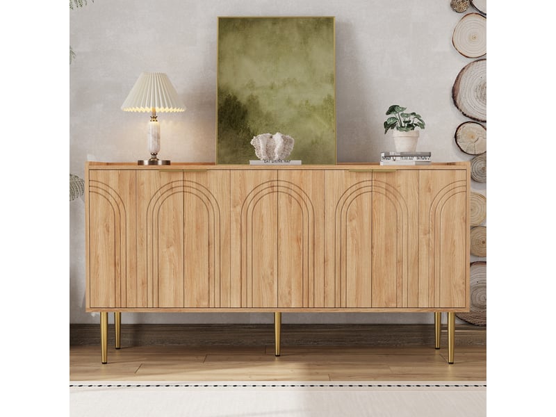  Buffet 4 portes mdf naturel 140x38x75 cm avec étagères réglables  - Conforama D