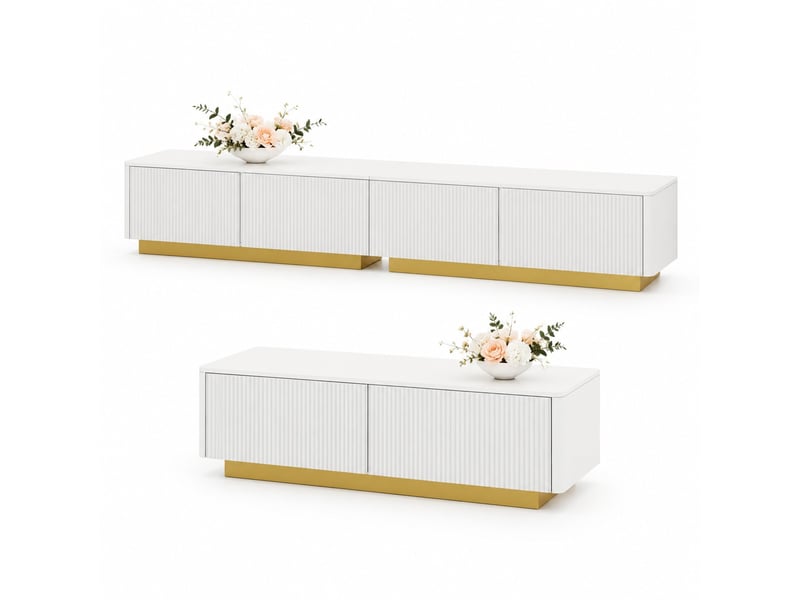 Ensemble meuble tv et table basse avec rangements et façades rainurées avec des socles dorés pour salon en mdf blanc - Conforama A