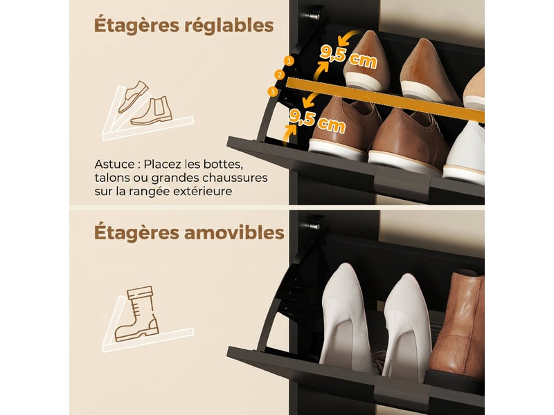  Meuble à chaussures 16 paires armoire à chaussures 4 tiroirs rabattables 2 portes en miroir étagères réglables noir  - Conforama R