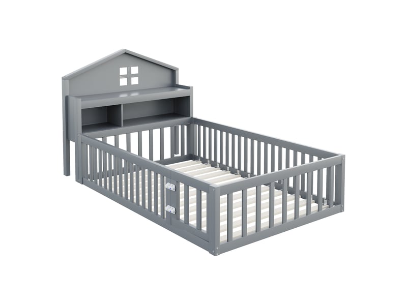  Lit enfant cabane avec rangements, bois massif gris, 90x200 cm, barrières, portillon et étagère photo  - Conforama D