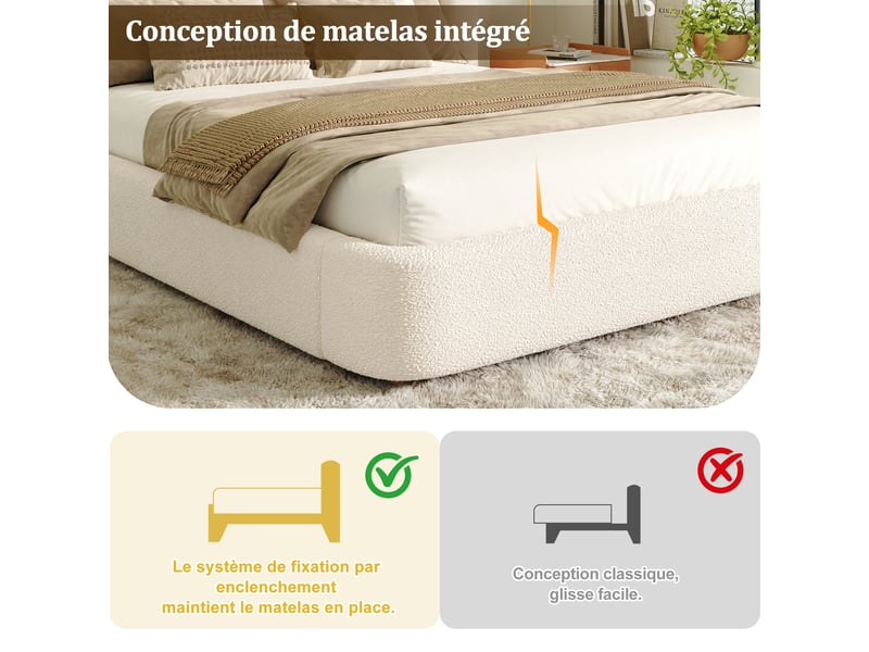  Lit coffre rembourré 140x200cm - tête de lit capitonnée - avec espace de rangement - velours bouclé - beige (matelas non inclus)  - Conforama R