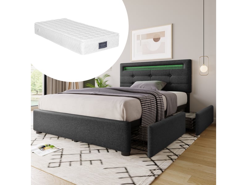  Lit avec tiroirs 1 place 90x200 cm en lin, 2 tiroirs, éclairage led et tête réglable, matelas inclus, gris  - Conforama C