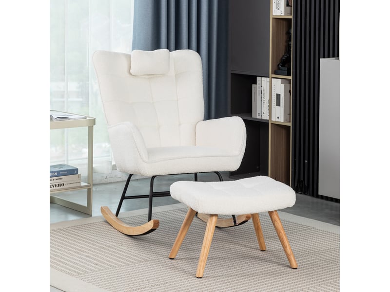  Fauteuil à bascule modenvie blanc en bouclette avec repose-pieds et coussin de tête hauteur 92 cm  - Conforama B
