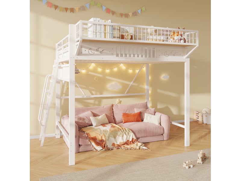 Lit mezzanine 140x200 cm, rangements latéraux, espace ouvert, échelle réversible, métal blanc, sans matelas - Conforama B