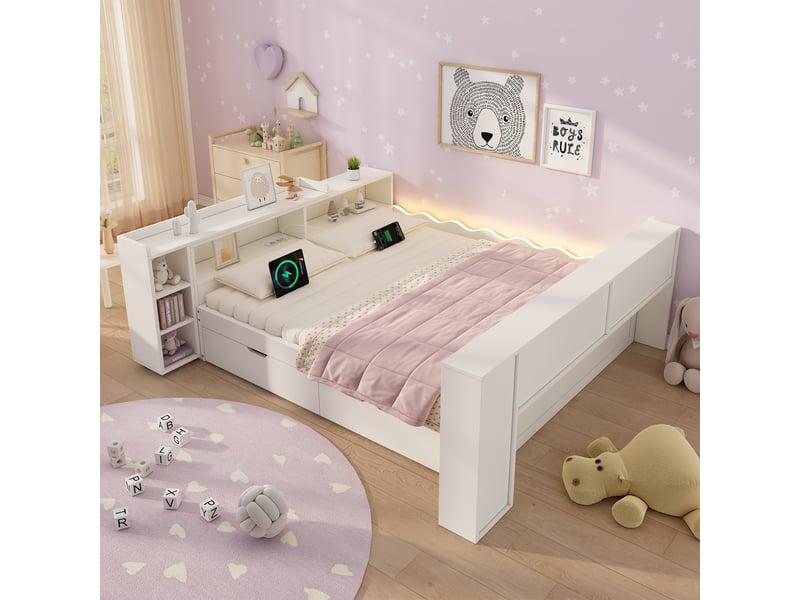  Canapé-lit 140x190cm - avec 2 tiroirs - avec éclairage led et prises de recharge - avec bureau extensible - blanc (matelas non inclus)  - Conforama D
