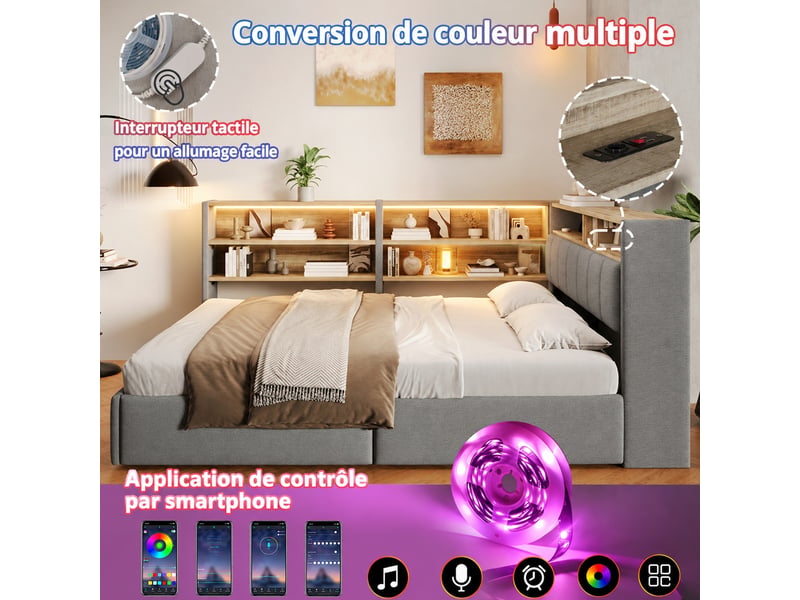  Lit coffre 140 x 200 cm en velours gris, sommier relevable, étagères, led et usb  - Conforama D