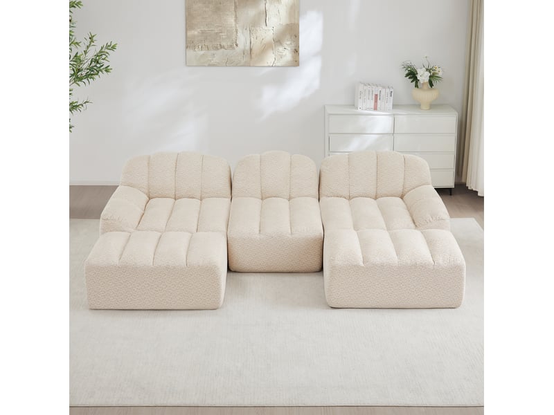  Canapé modulable ulevr 3 places en u avec 2 ottomans, sans cadre, mousse haute densité 32d, tissu bouclette beige blanc, 288 x 165 cm  - Conforama D