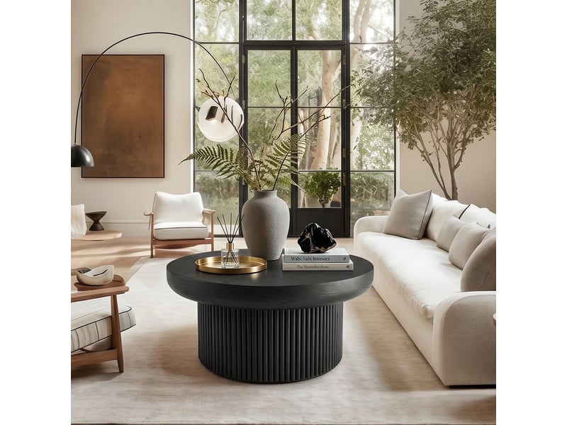  Table basse ronde 78x78x38,5 cm - avec plateau en parquet de bois véritable enchâssé et piétement tambour cannelé – mdf - noir  - Conforama E